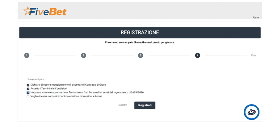 Registrazione FiveBet — modulo di iscrizione